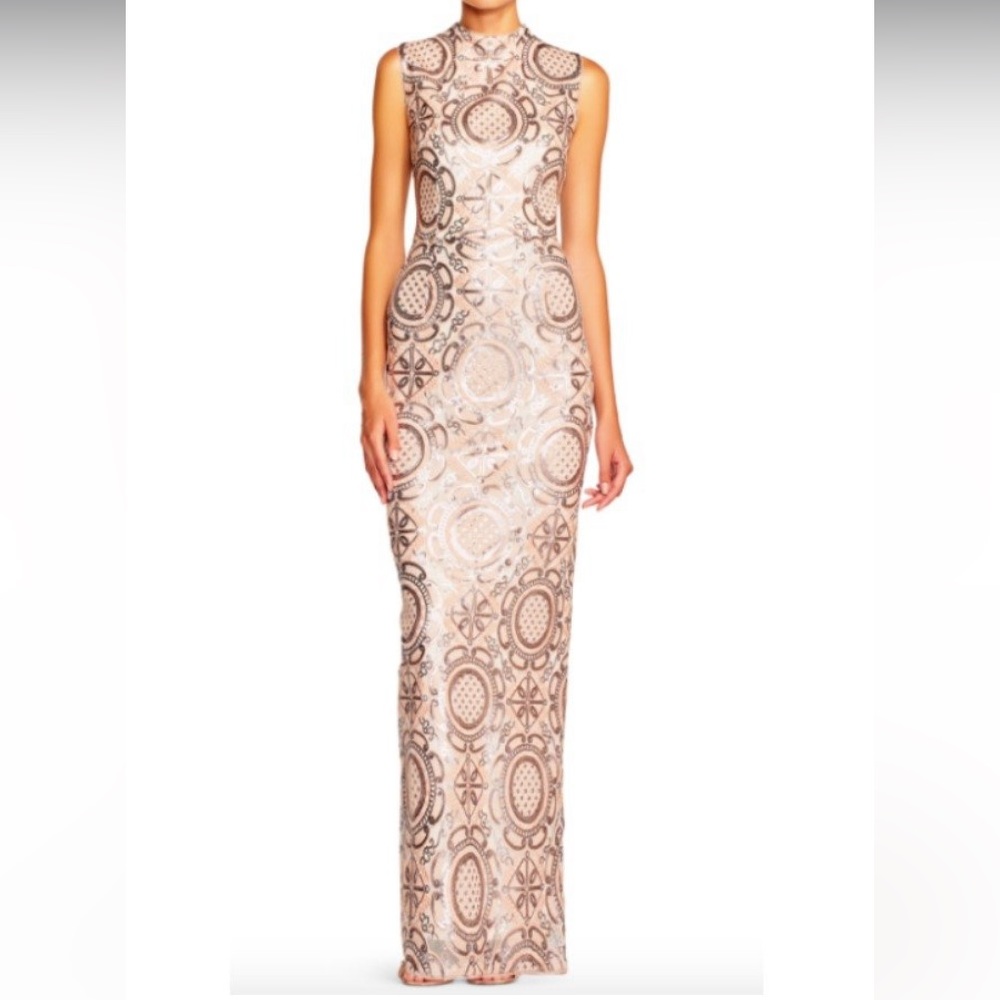 Adrianna Papell Sequin Geometric Applique Column Gown Blush